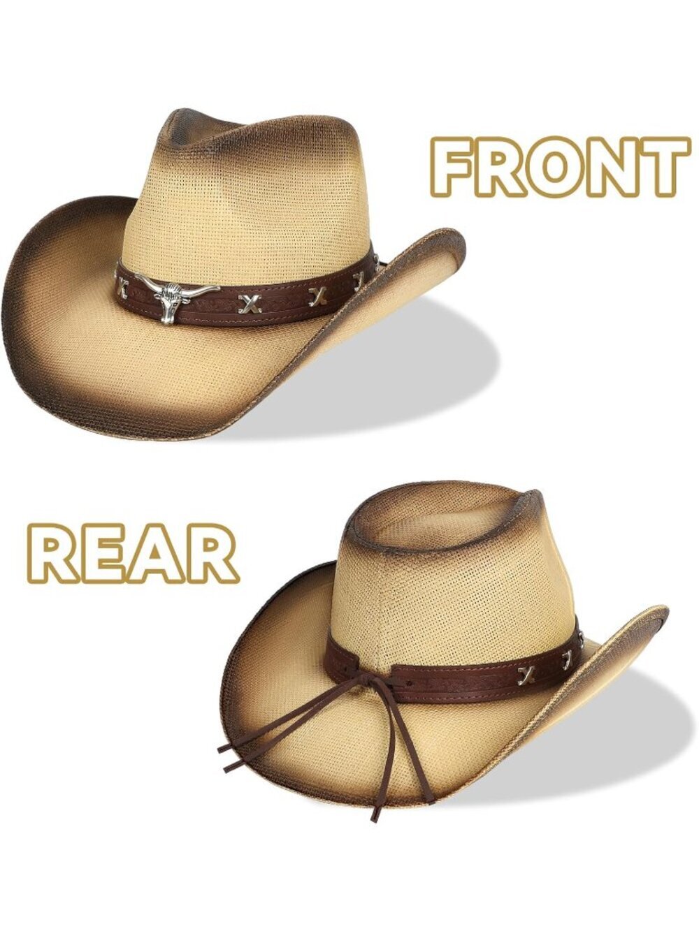 Women Biege Coffee Cowgirl Western Straw Wide with Shapeable Brim Cowboy Hat - Picture 4 of 6